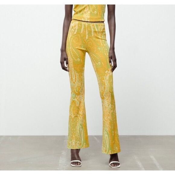 NWT Zara Yellow & Green Jacquard High Waisted Pull On Flare Pants, Size Medium - Picture 5 of 16